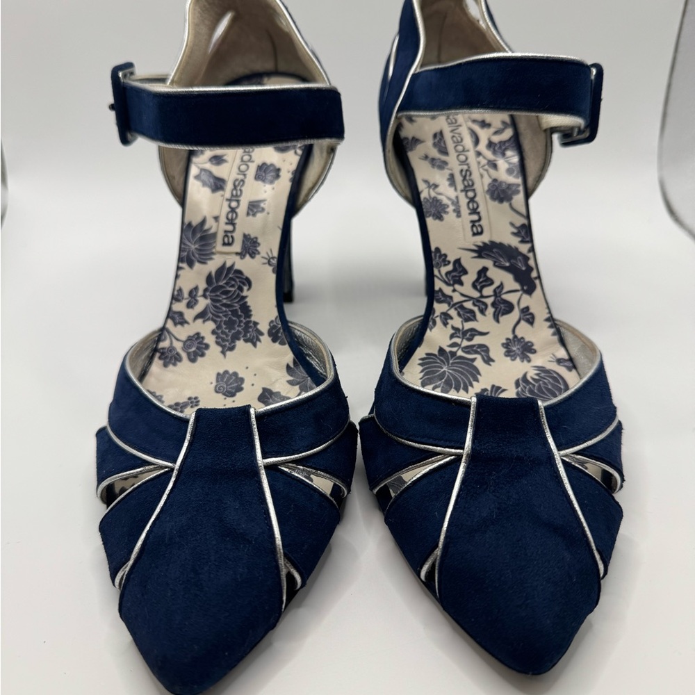 Salvador Saperna Navy Blue Suede Women's Heels 38 Made in Spain